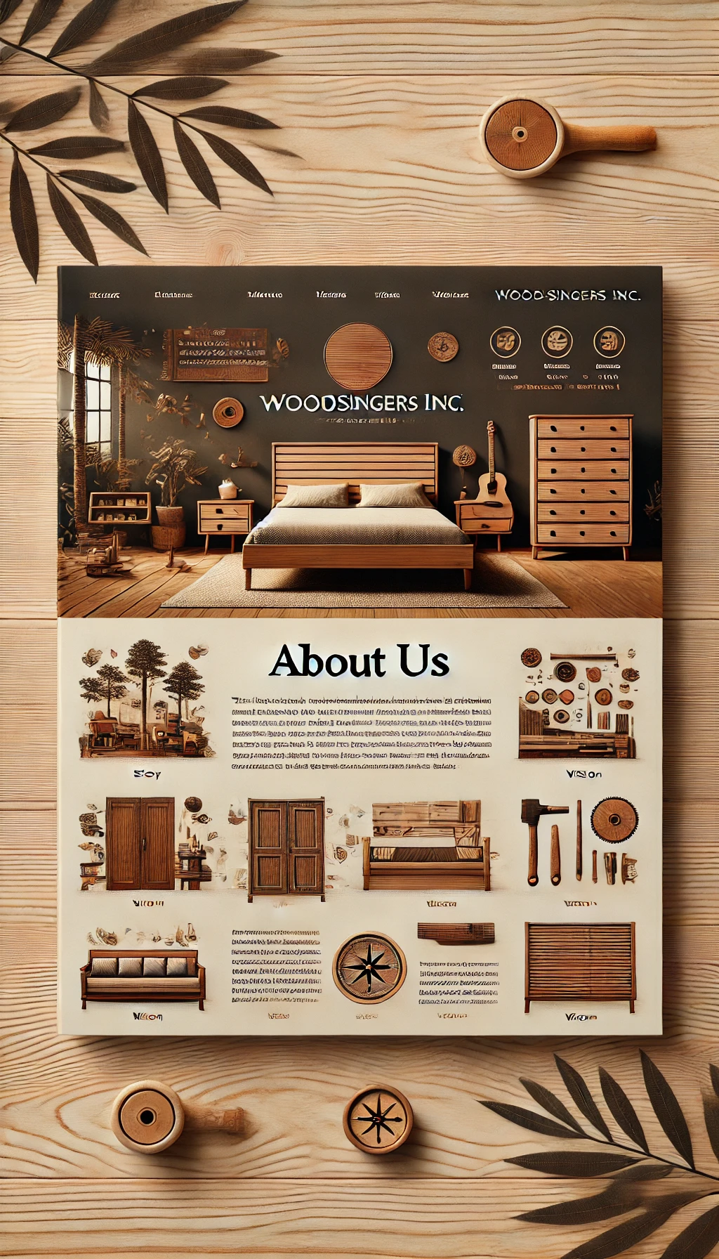 DALL·E 2024-10-26 20.50.50 - A beautifully designed 'About Us' page for the brand Woodsingers Inc. Set on a wooden background, the page includes images of stylish handcrafted furn